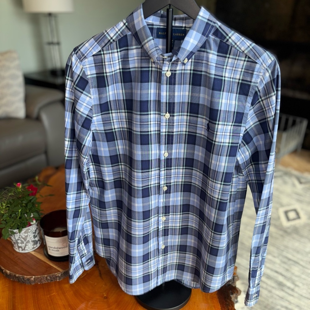 💙🐎 Ralph Lauren 🐎💙 Boys XL Plaid Button-Down Shirt Blue Navy Check